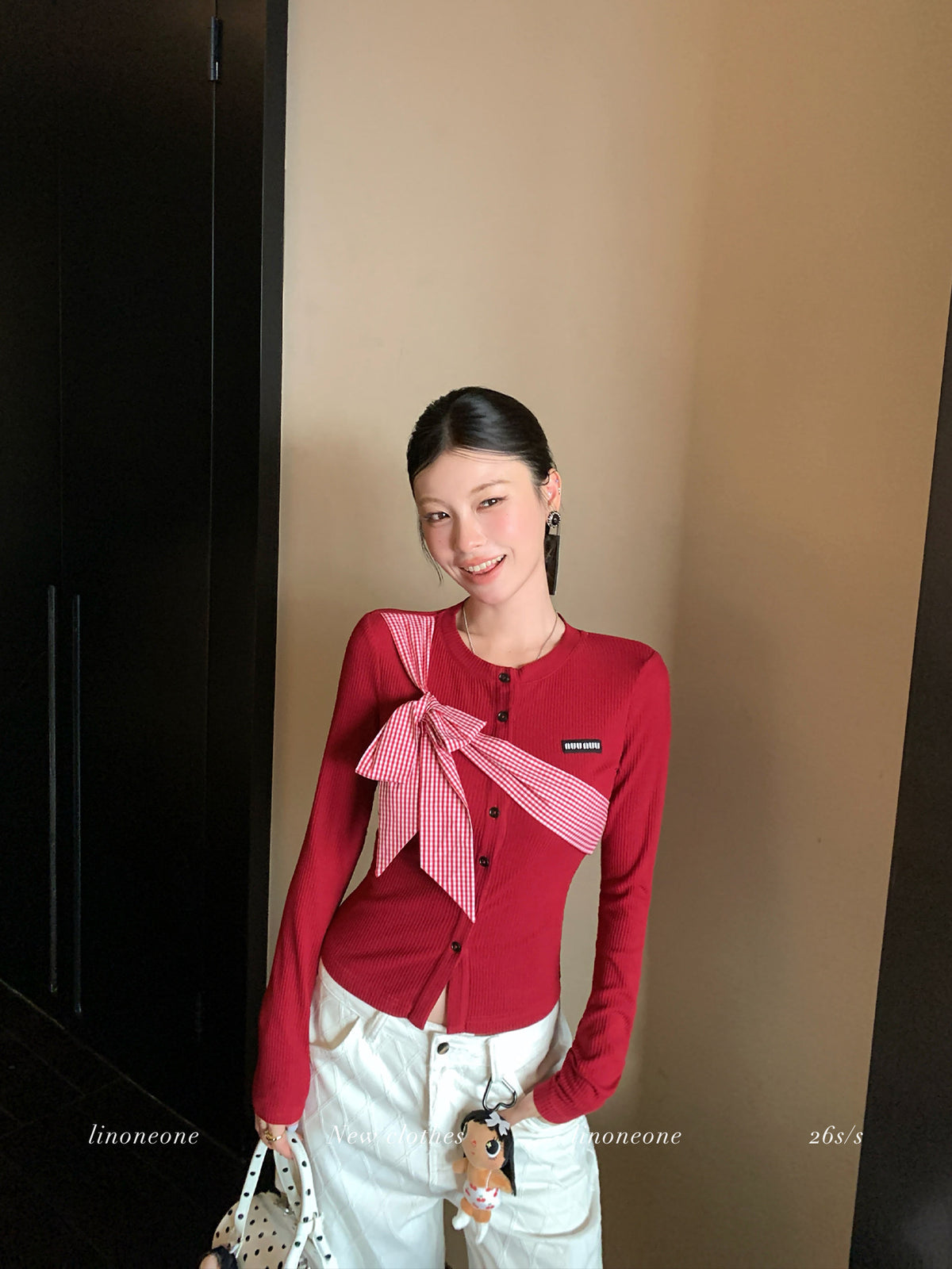 雙色格紋蝴蝶結設計感撞色針織上衣
