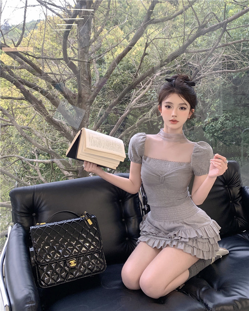 清透抽摺網紗上衣&高腰澎澎蕾絲裙