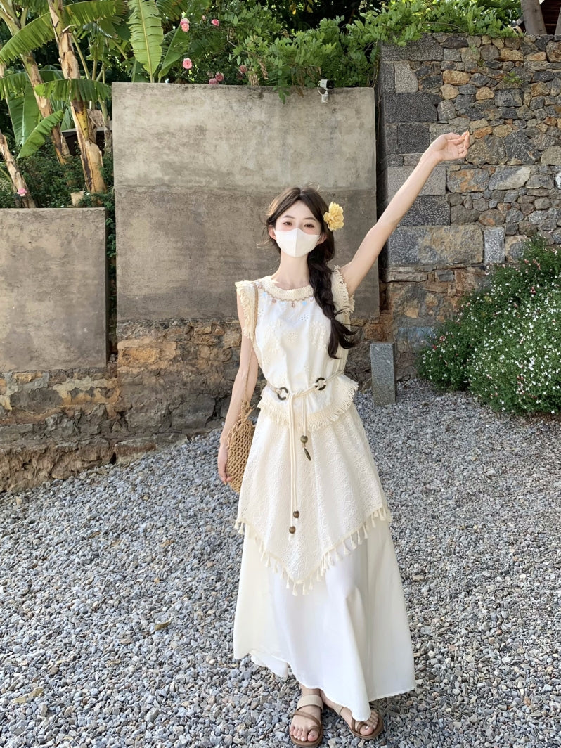 波西米亞不規則流蘇馬甲上衣女度假風半身裙套裝