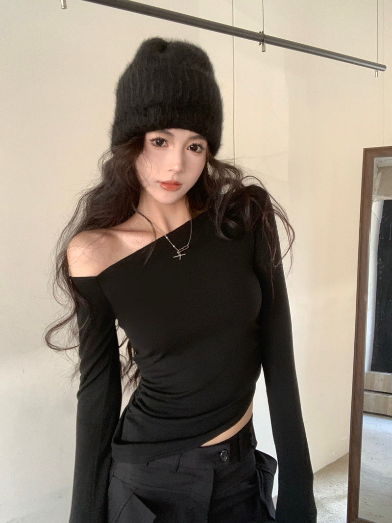 純欲性感辣妹風不規則露肩上衣