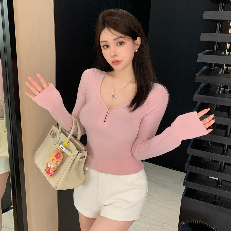 秋冬v領打底修身百搭長袖上衣