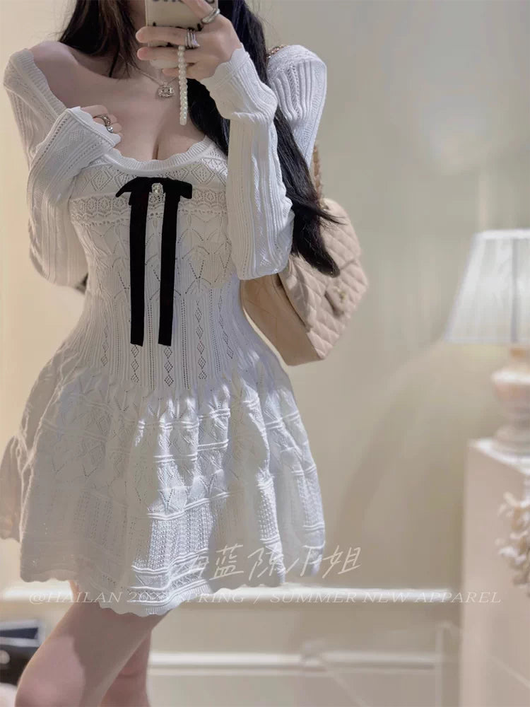 溫柔千金少女蝴蝶結鉤花針織連衣裙