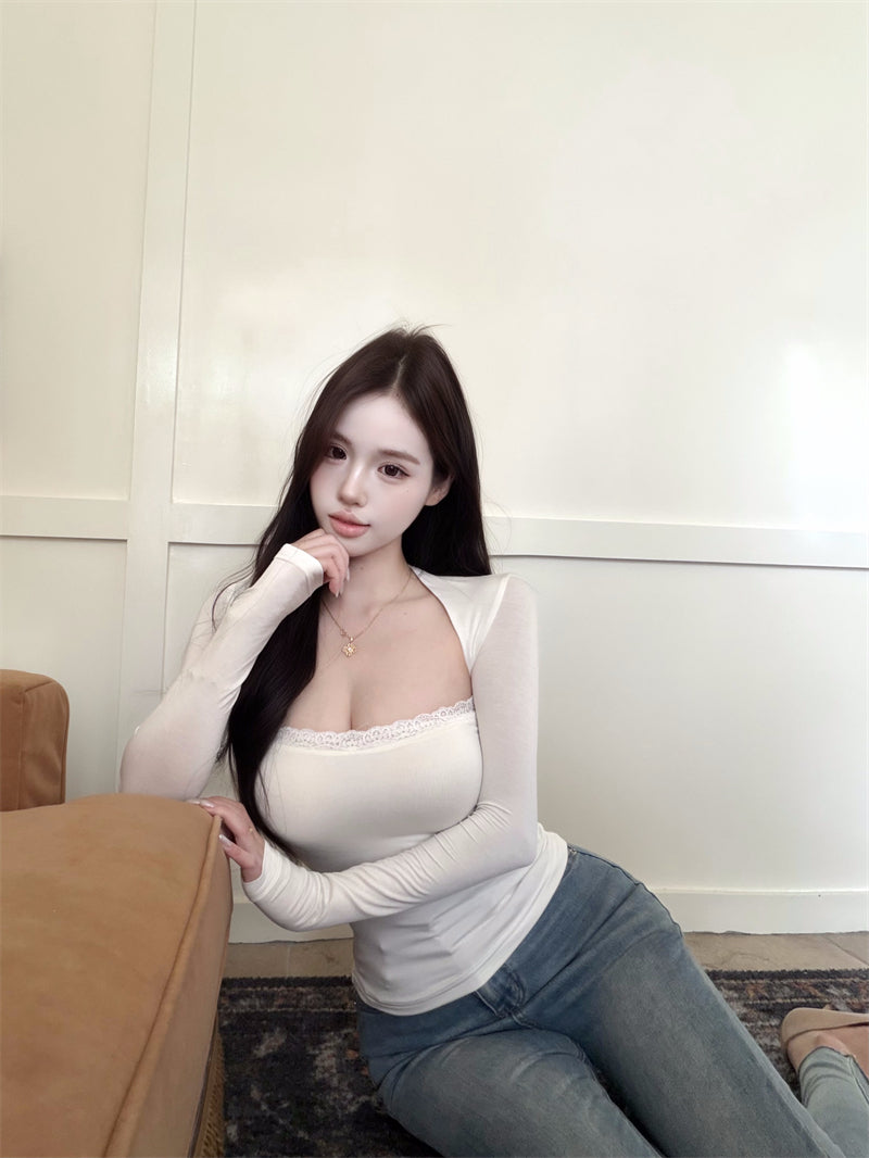 純欲性感蕾絲假兩件打底衫