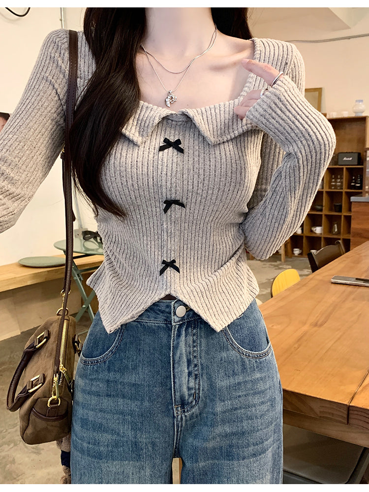 美式覆古辣妹蝴蝶結方領長袖