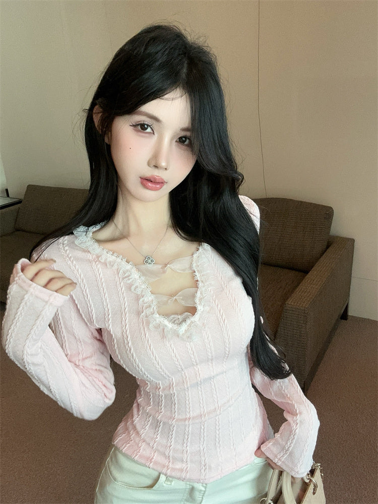 氣質甜酷辣妹花邊拼接蝴蝶結v領修身上衣