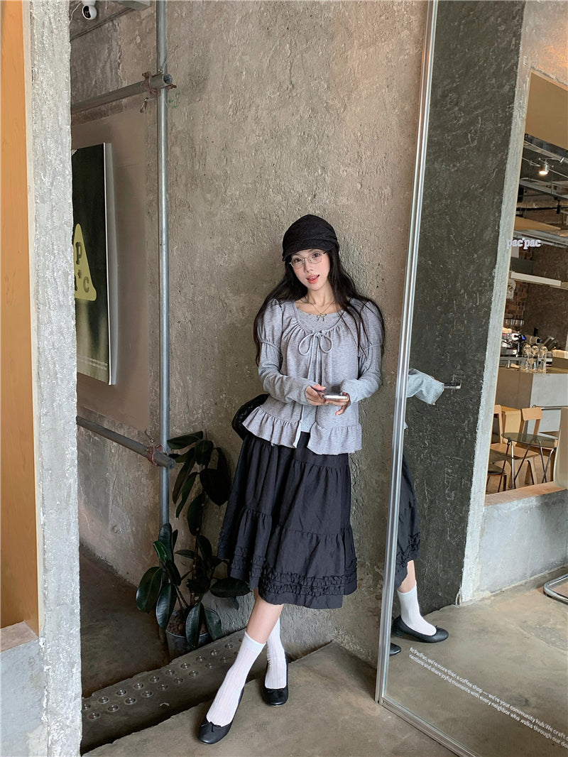 韓版甜美荷葉邊開衫波點兩件套