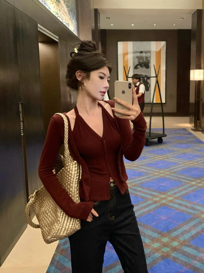 性感辣妹風吊帶掛脖假兩件內搭上衣