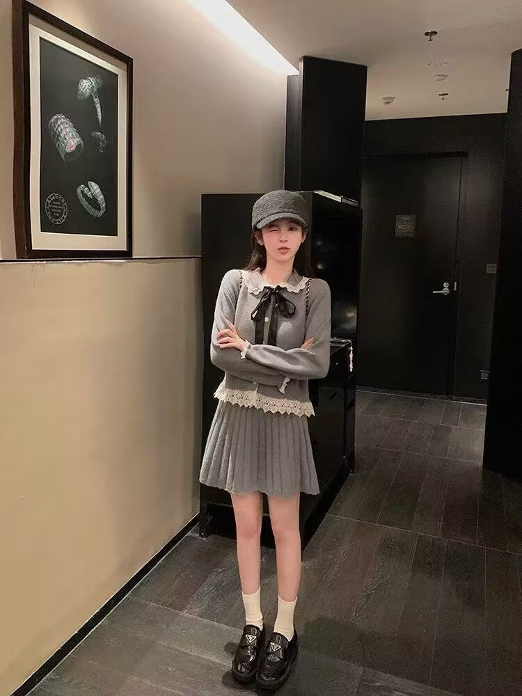 小香風蝴蝶結花邊百褶半身裙套裝
