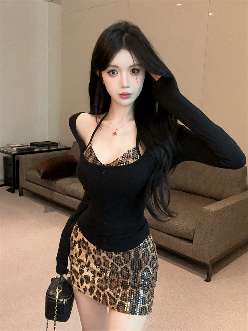 辣妹性感掛脖長袖打底衫豹紋包臀裙三件套