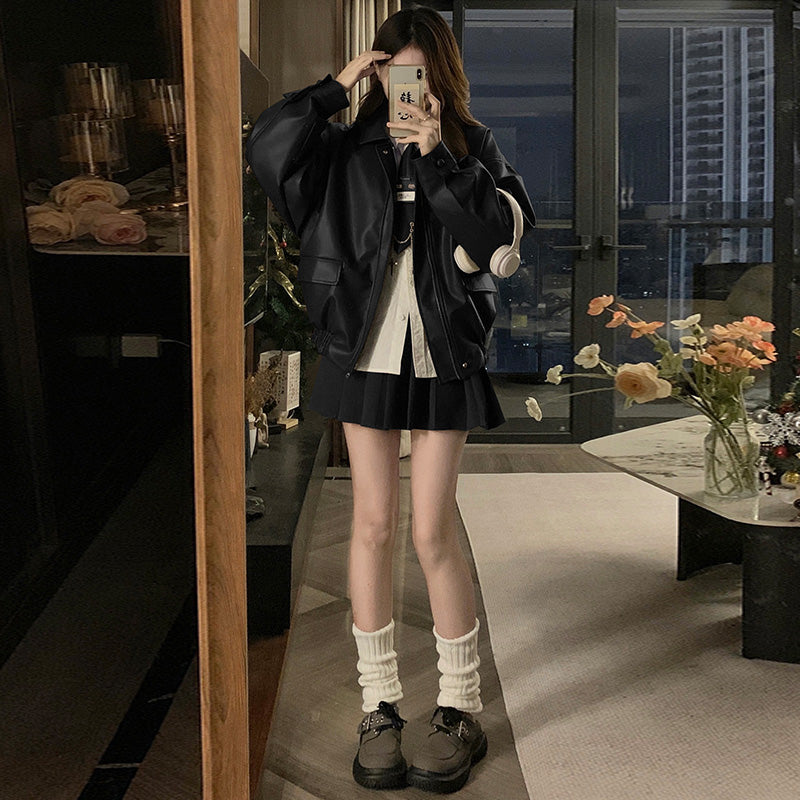 美式復古學院風皮衣外套