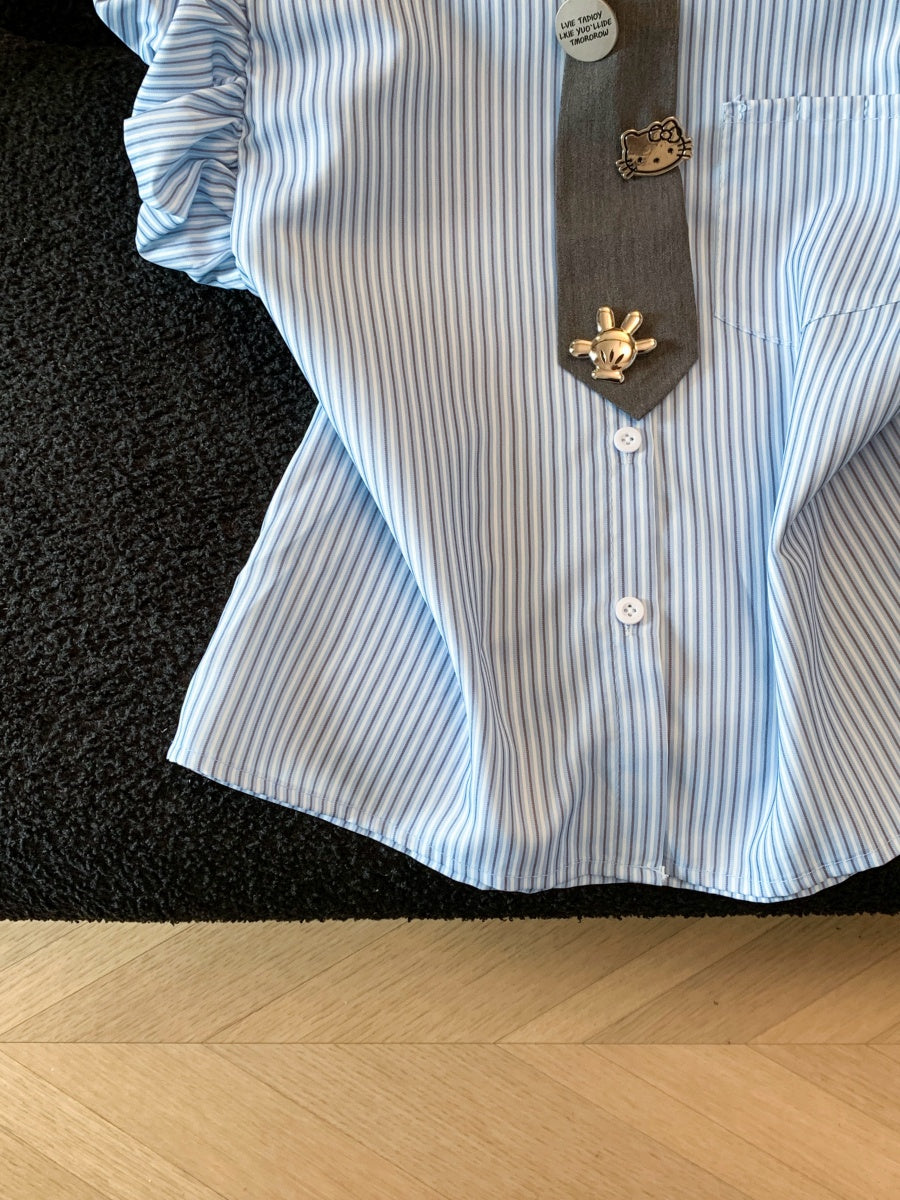 小飛袖襯衫辣妹修身顯瘦學院風甜美條紋襯衫褶皺上衣