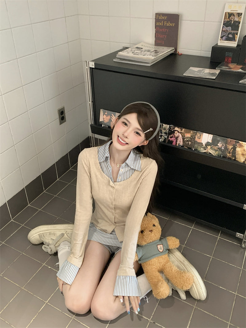 韓系穿搭假兩件襯衫套裝裙