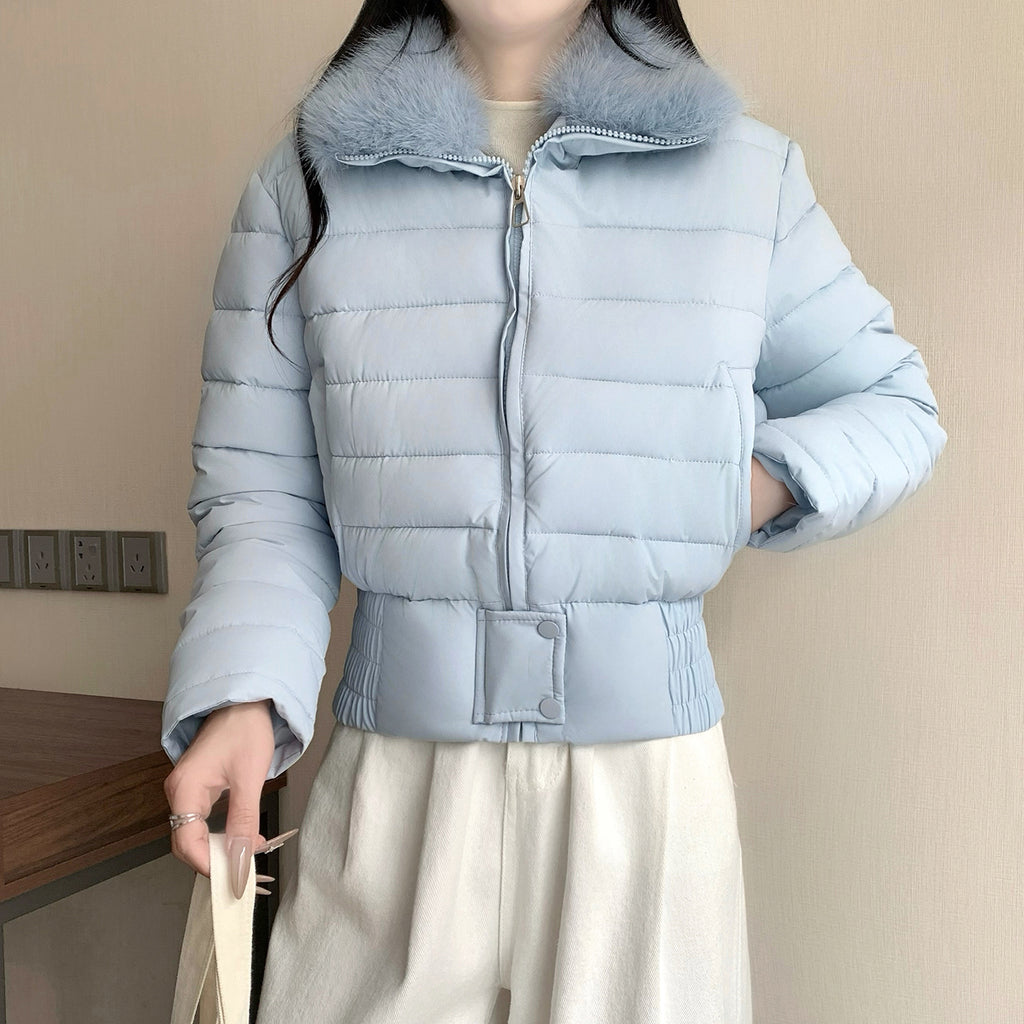 韓系溫暖加厚羽絨短版毛毛連帽外套