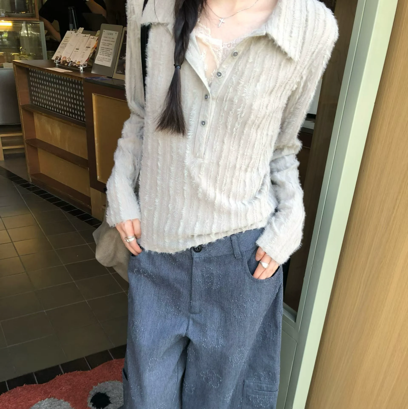 韓系翻領紐扣蕾絲拼接假兩件上衣