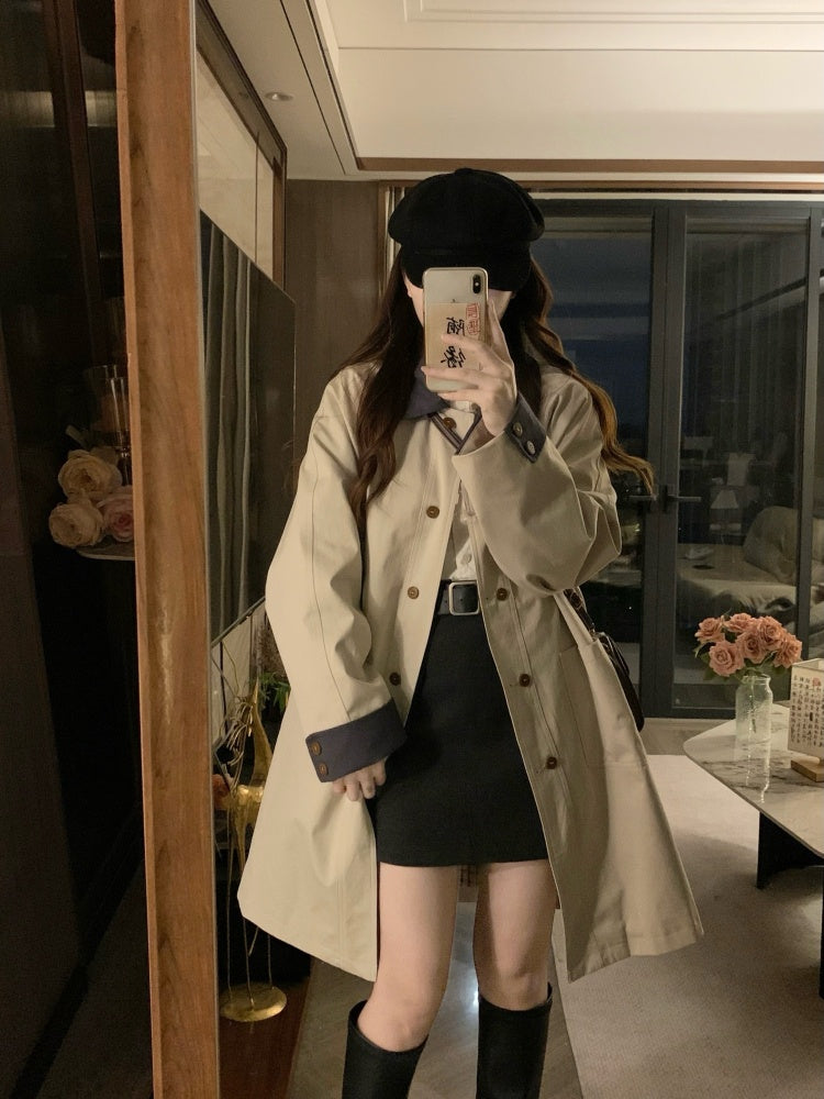 🐾拼接撞色卡其風衣外套💕春秋必備中長版外套