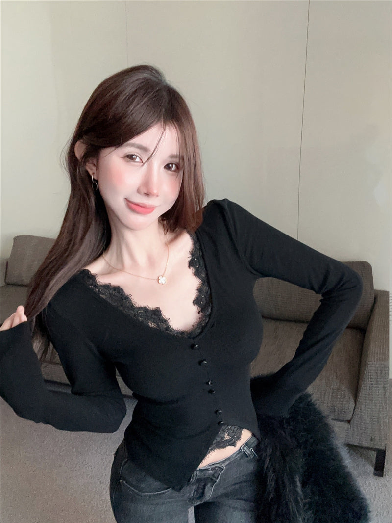性感蕾絲拼接修身顯瘦上衣