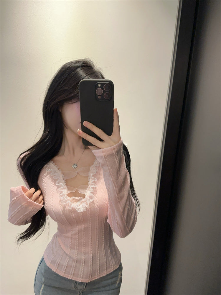 氣質甜酷辣妹花邊拼接蝴蝶結v領修身上衣