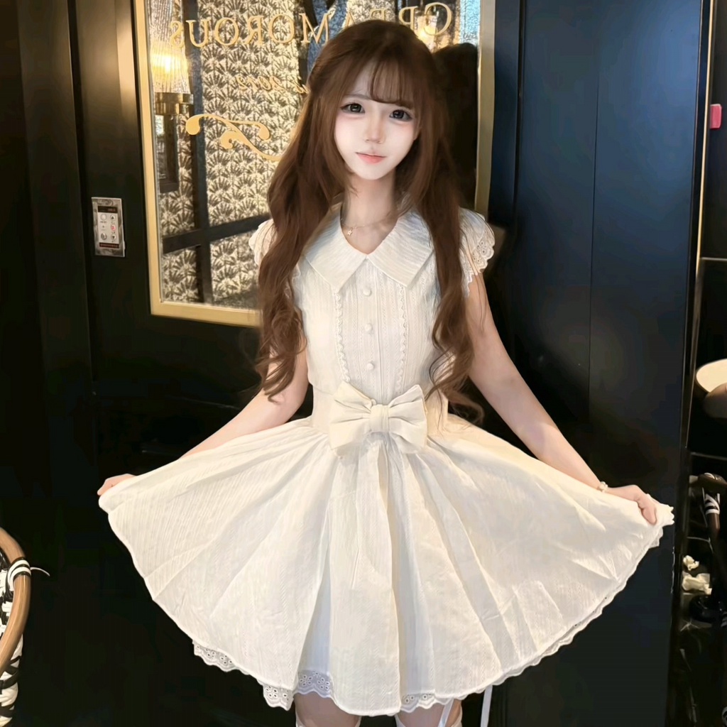 法式甜美杏色學院風連衣裙