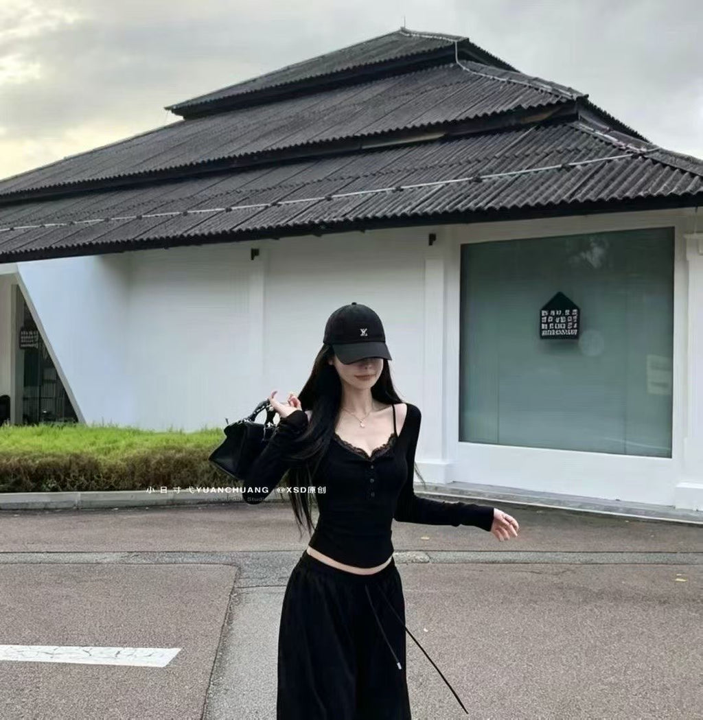 純欲蕾絲假兩件長袖修身上衣