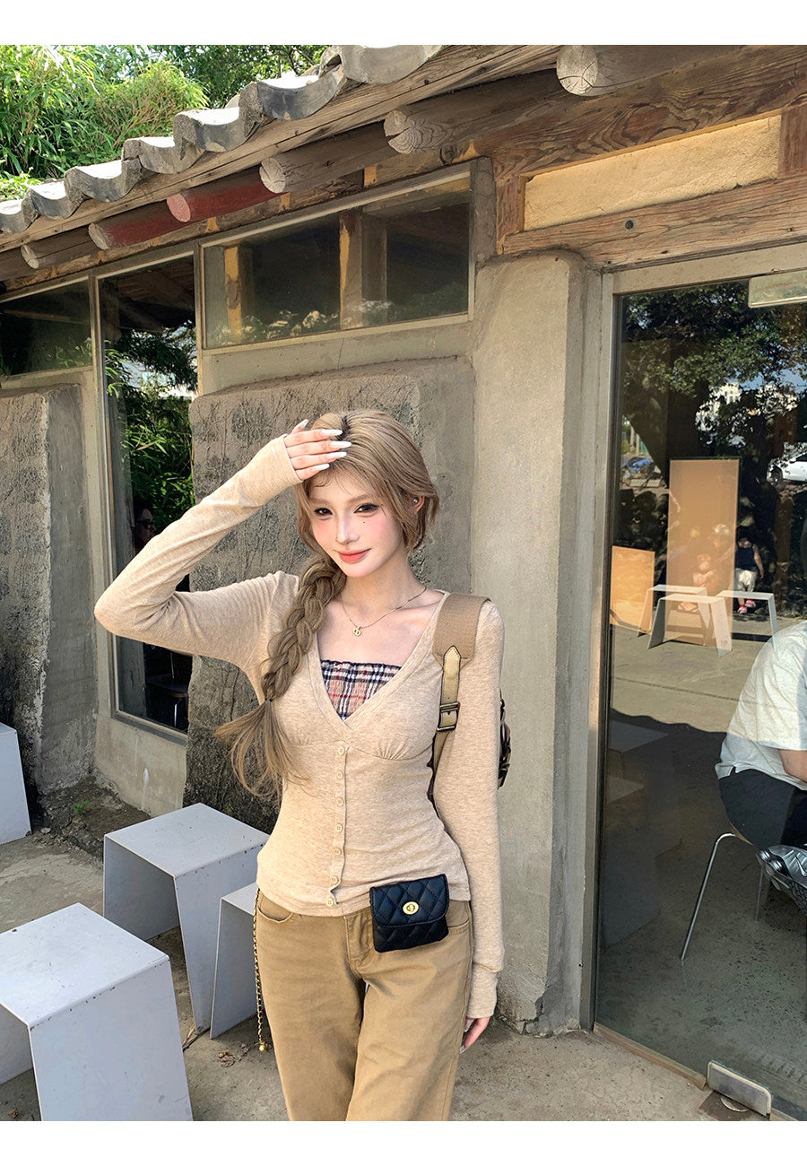 氣質卡其色假兩件上衣