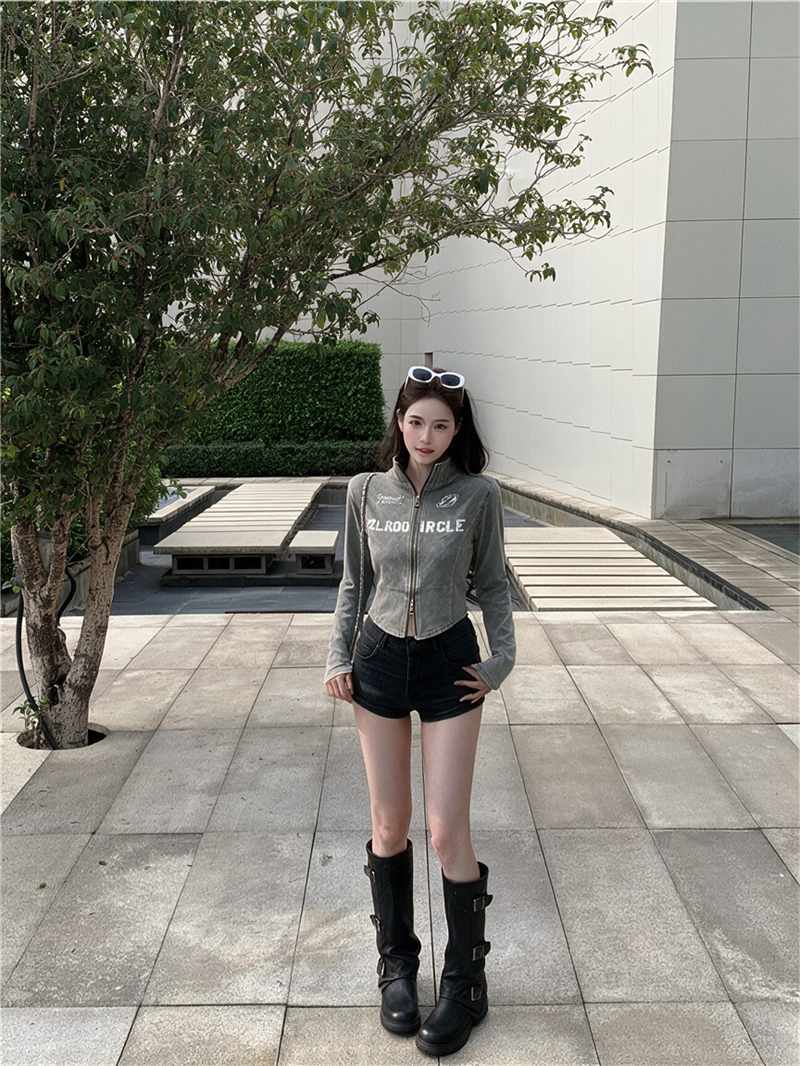 美式水洗立領拉鏈印花字母外套