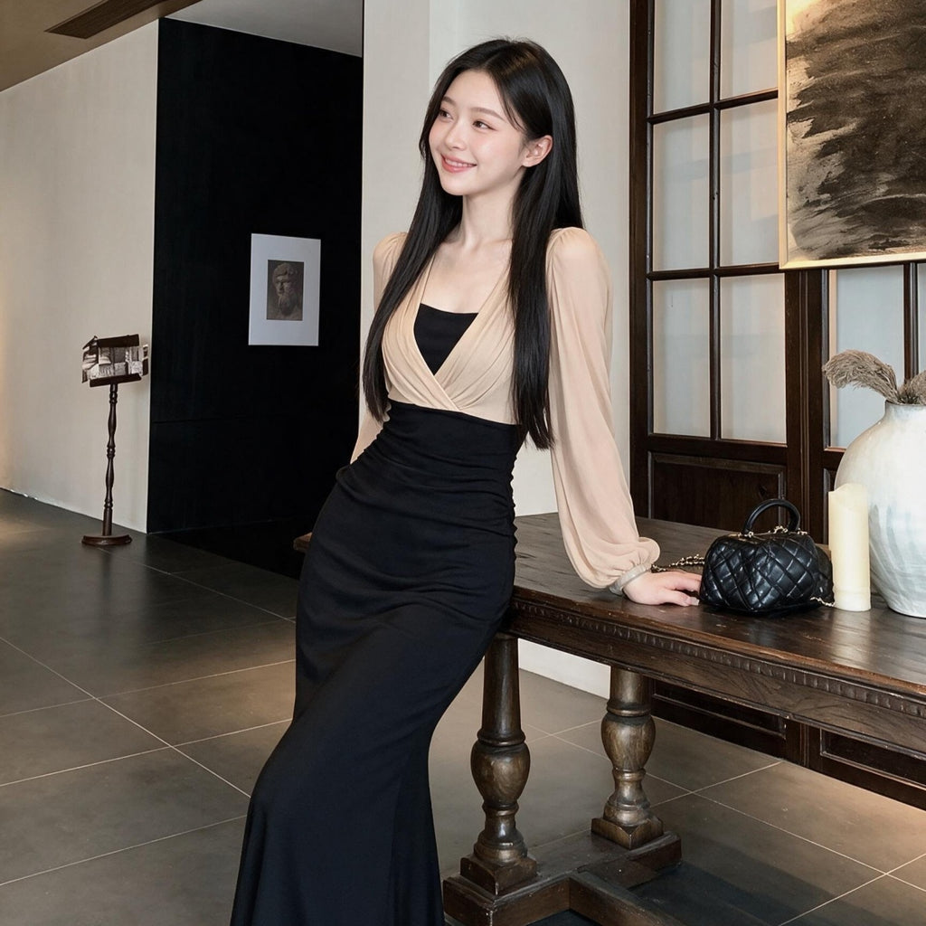 氣質純欲收腰撞色連衣裙