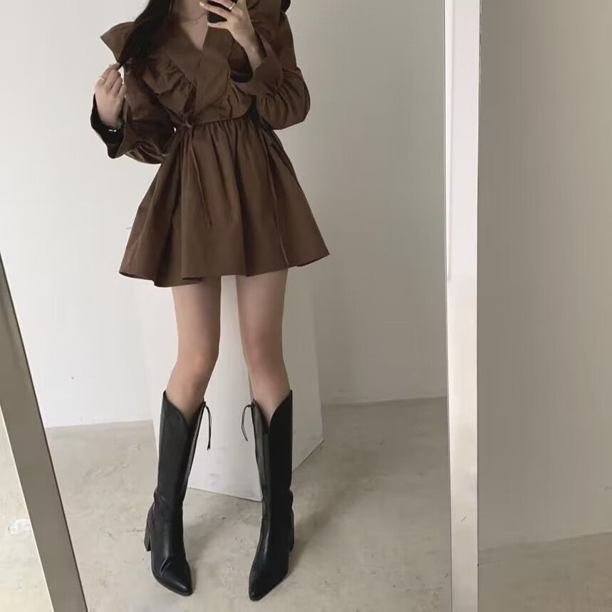 復古V領交叉荷葉邊小個子連衣裙
