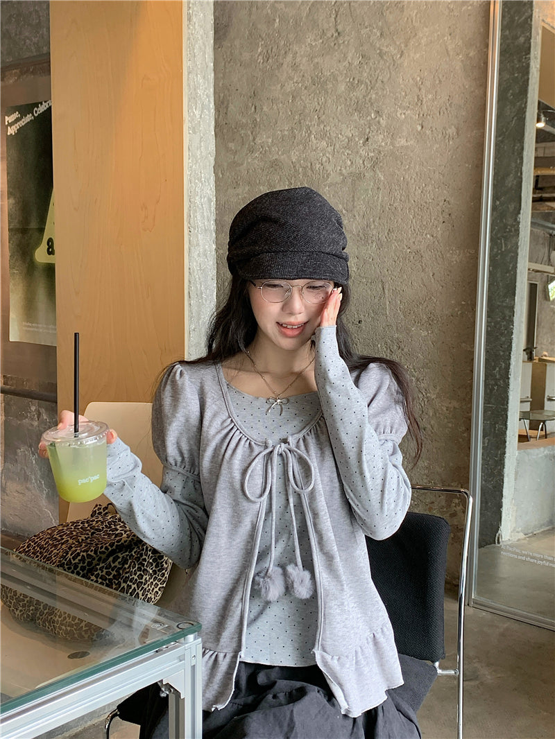 韓版甜美荷葉邊開衫波點兩件套
