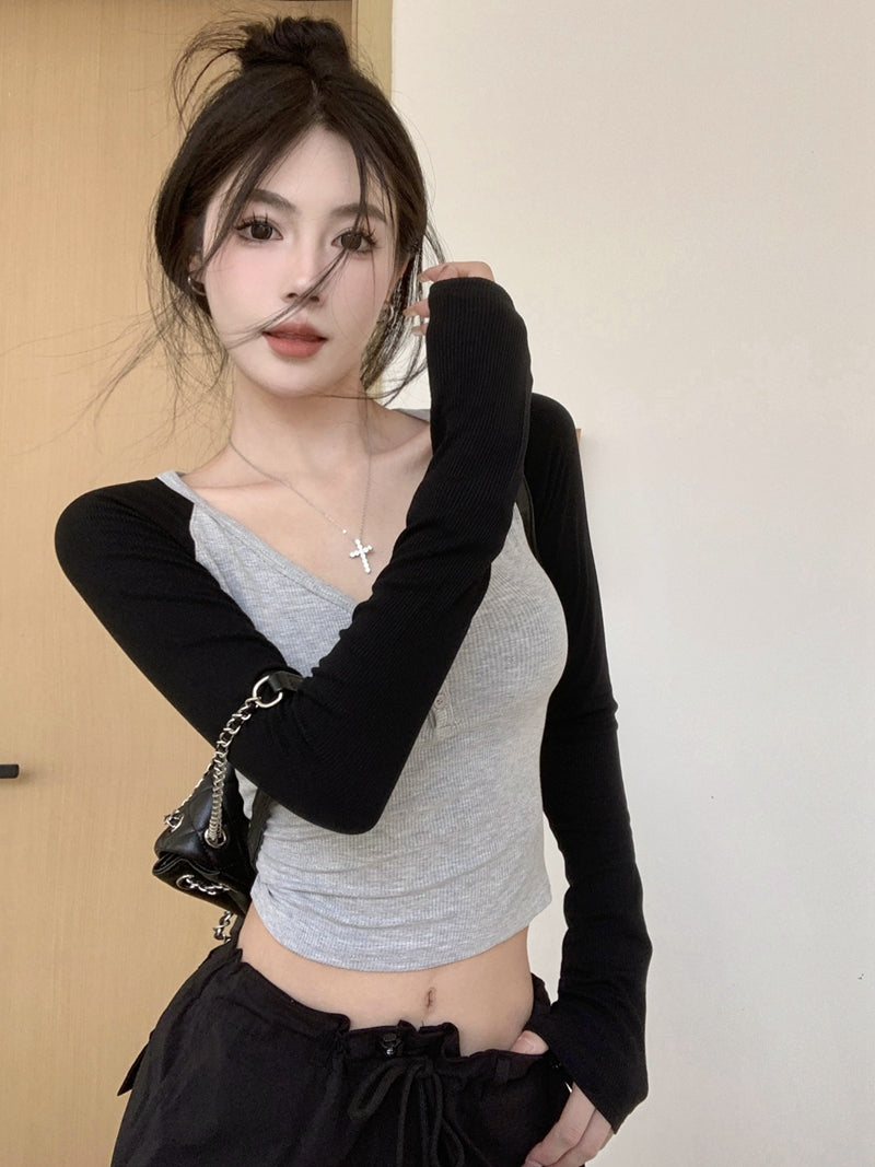 歐美V領撞色純欲排扣修身上衣