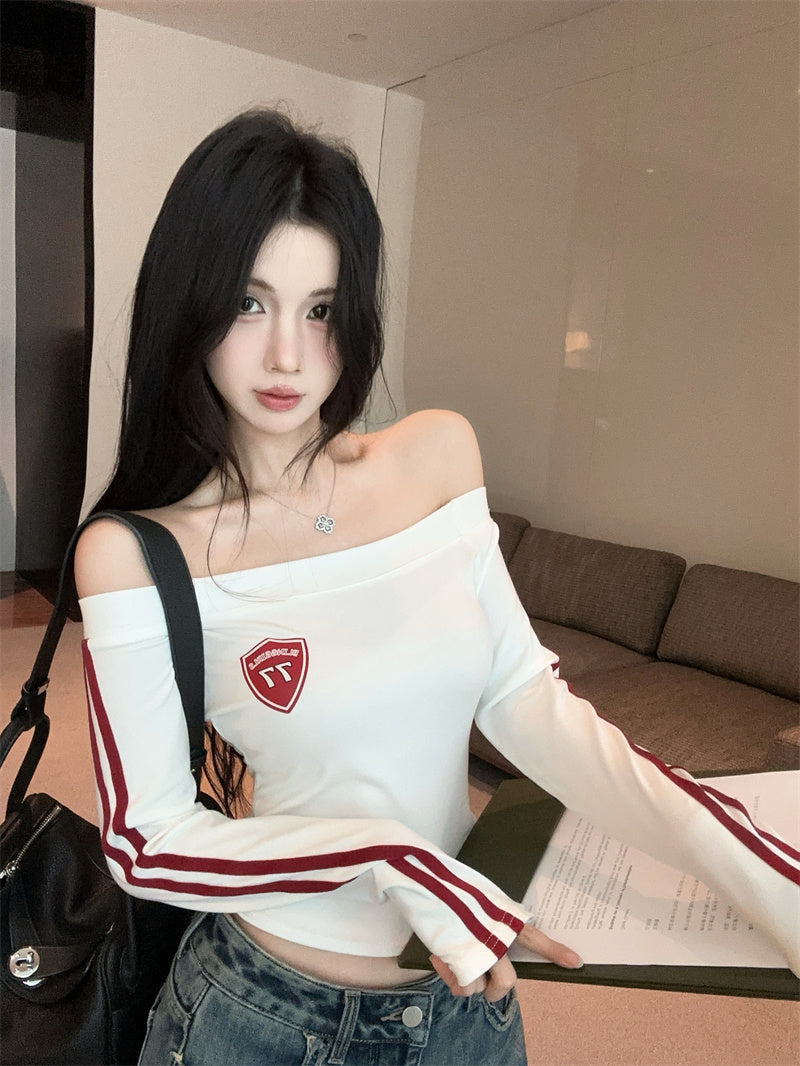 美式辣妹一字肩印花修身顯瘦上衣