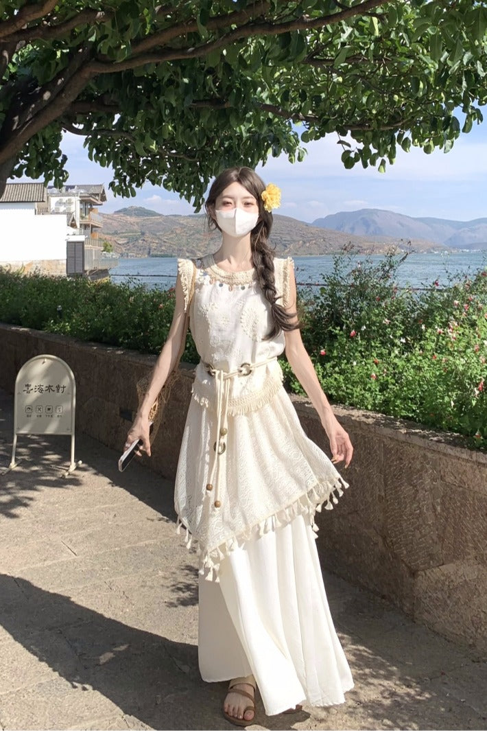 波西米亞不規則流蘇馬甲上衣女度假風半身裙套裝