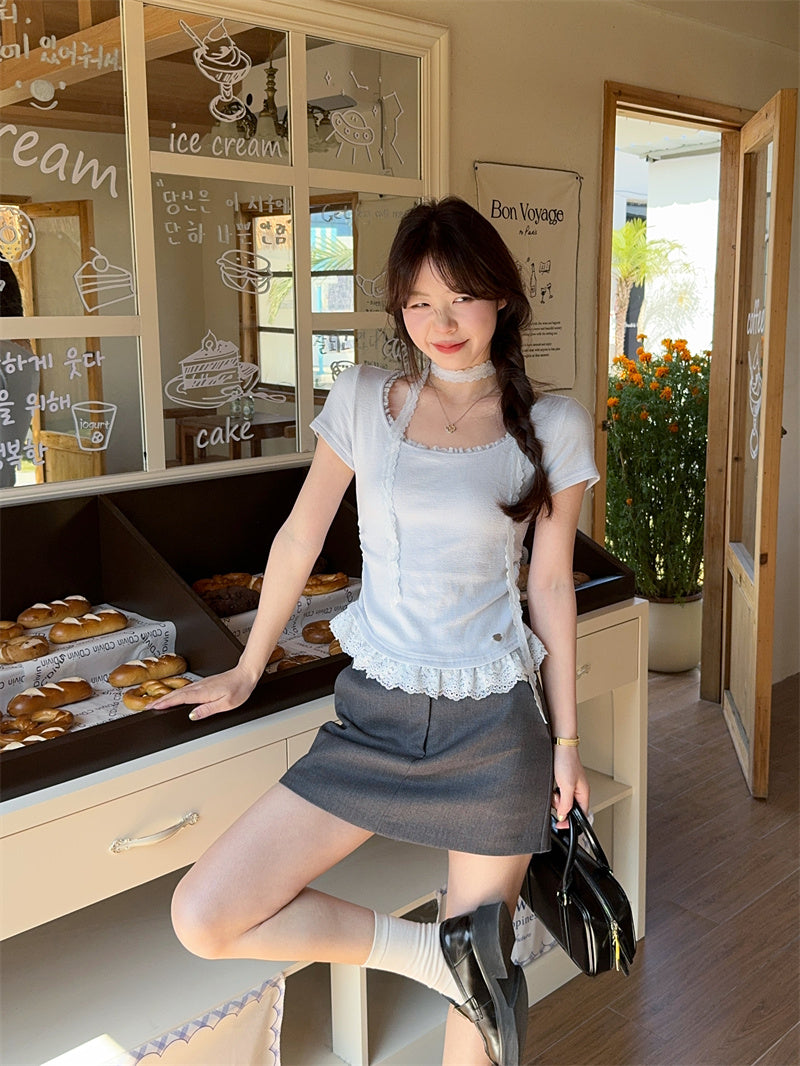 純欲辣妹設計感蕾絲花邊短袖