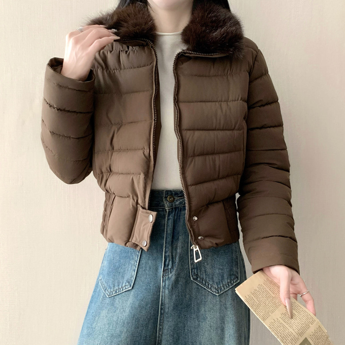 韓系溫暖加厚羽絨短版毛毛連帽外套