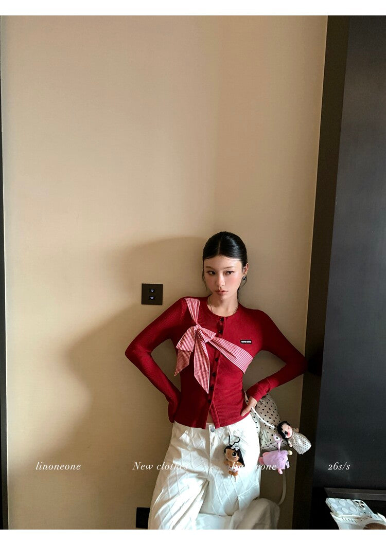 雙色格紋蝴蝶結設計感撞色針織上衣