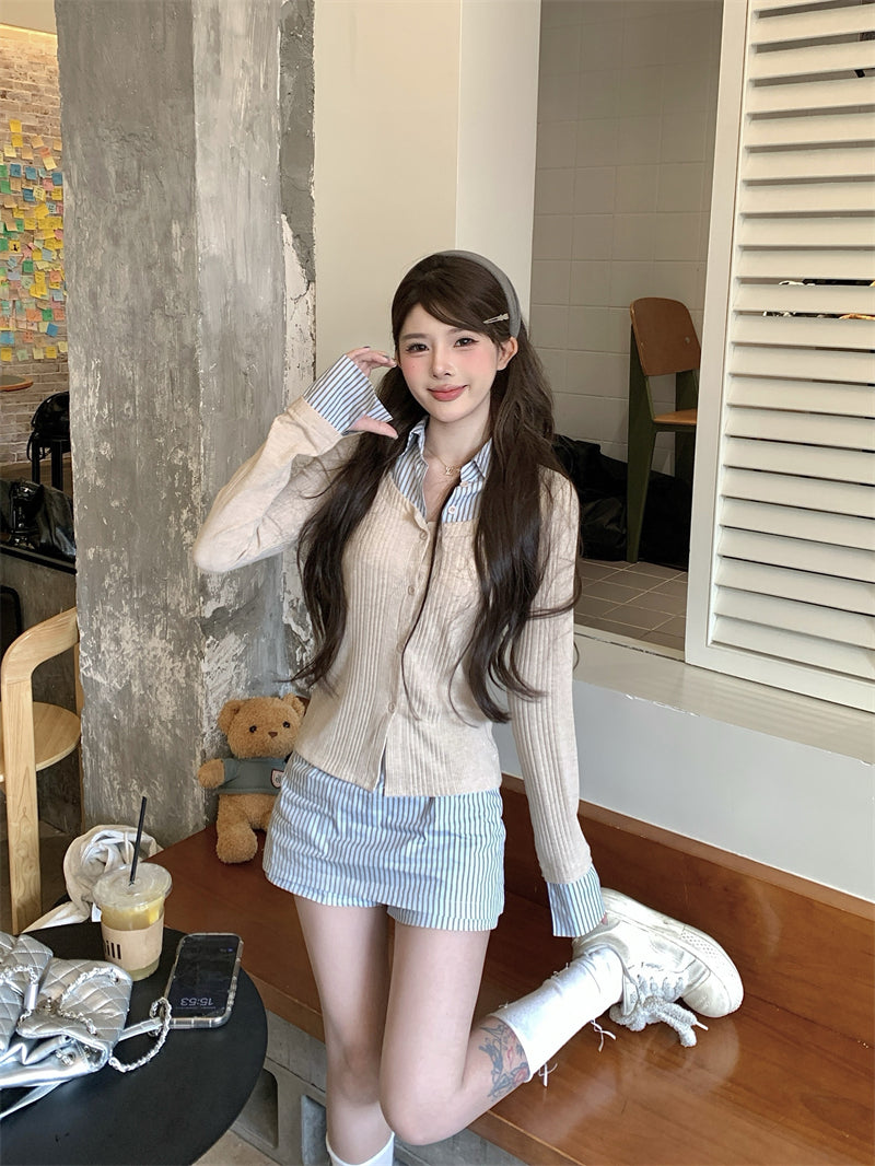 韓系穿搭假兩件襯衫套裝裙