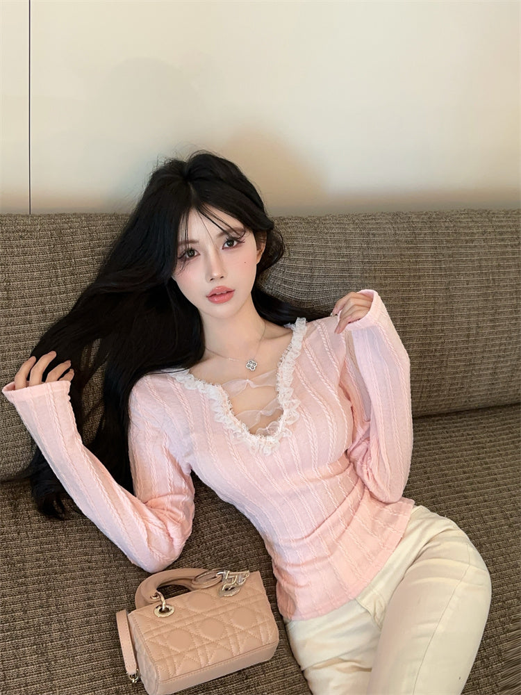 氣質甜酷辣妹花邊拼接蝴蝶結v領修身上衣