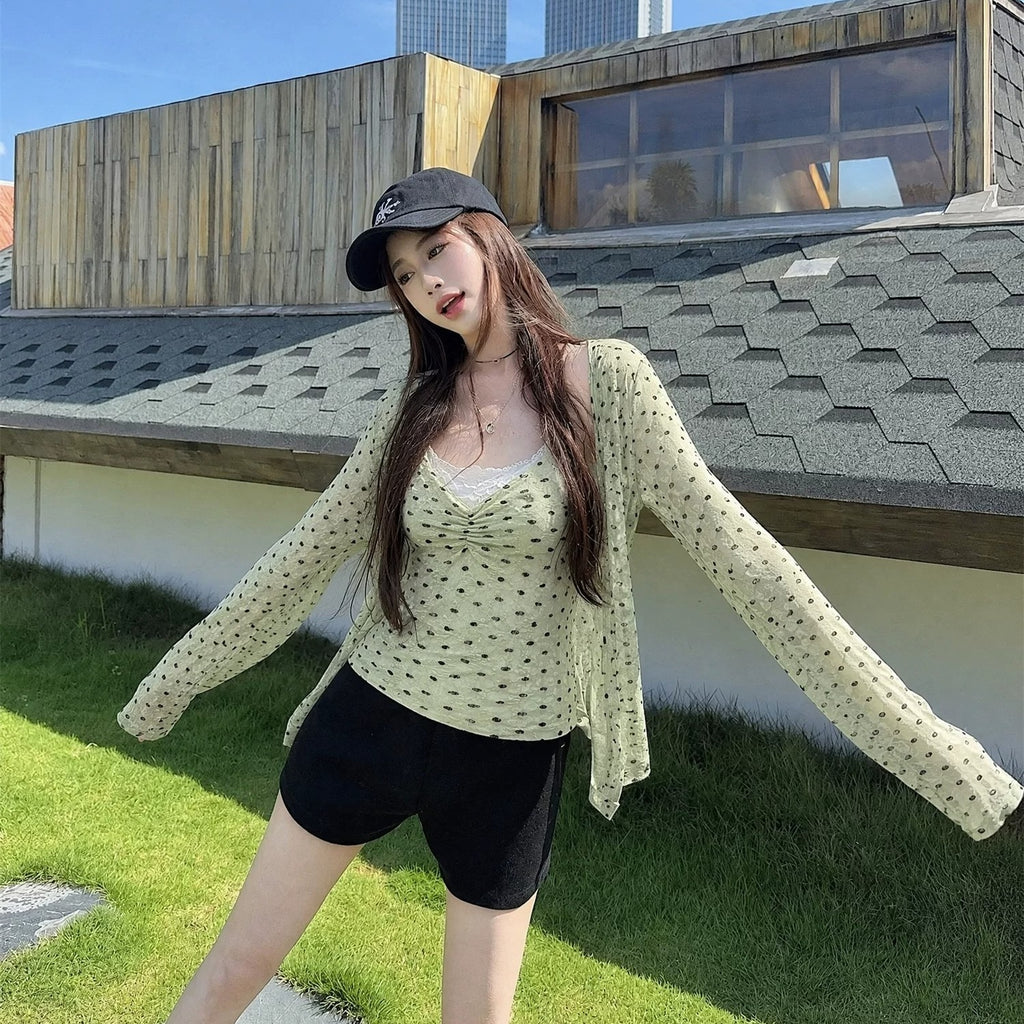 韓系甜美v領蕾絲吊帶修身點點兩件套上衣
