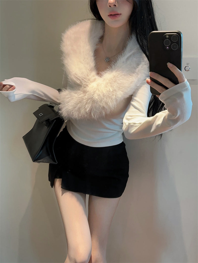 純欲辣妹毛領拼接V領內搭打底衫