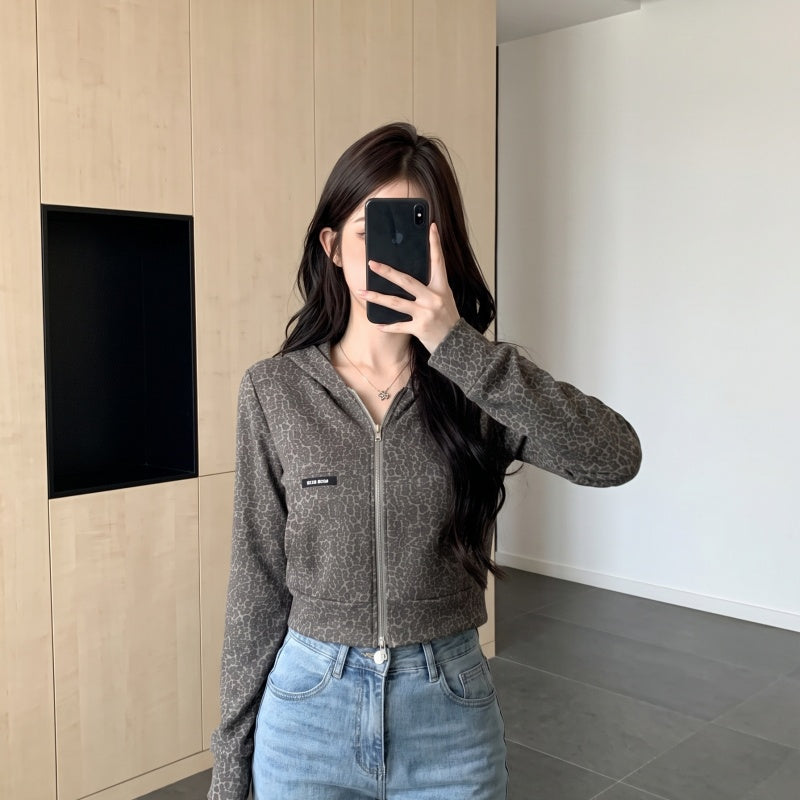 美式復古純欲辣妹豹紋連帽開衫