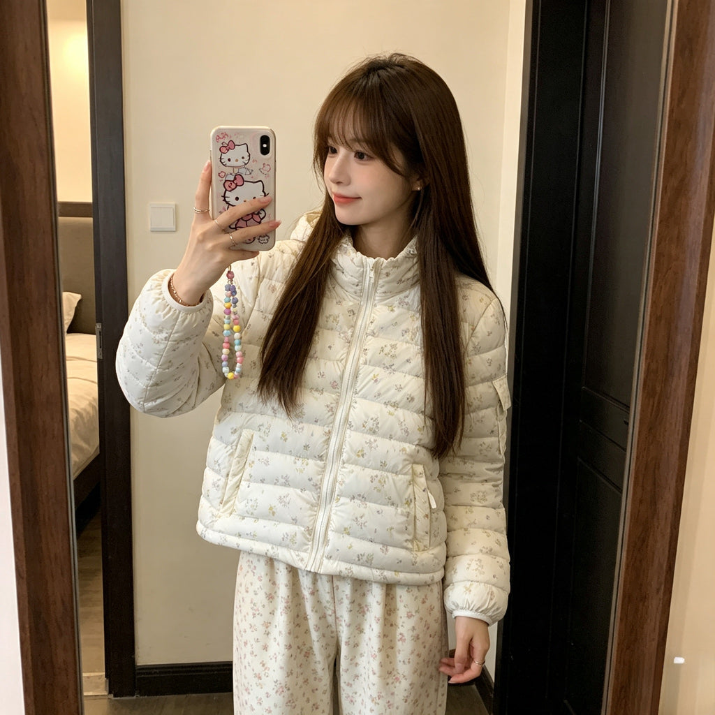 冬季質感慵懶風碎花波點羽絨服