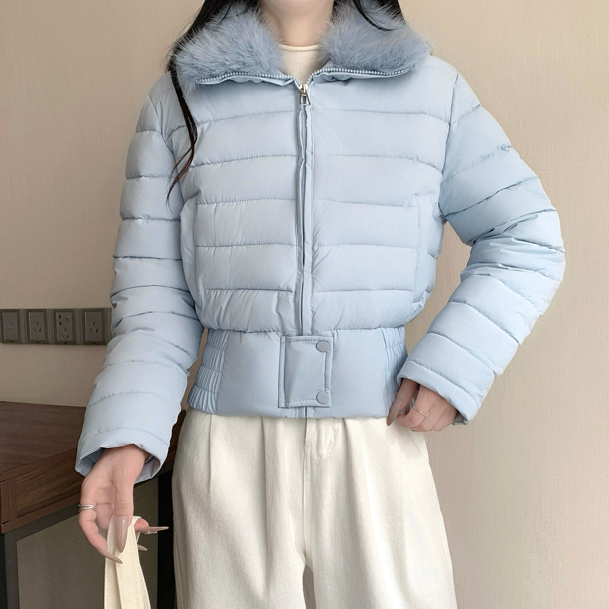 韓系溫暖加厚羽絨短版毛毛連帽外套
