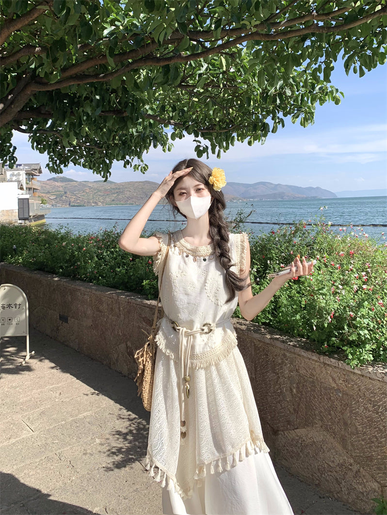 波西米亞不規則流蘇馬甲上衣女度假風半身裙套裝