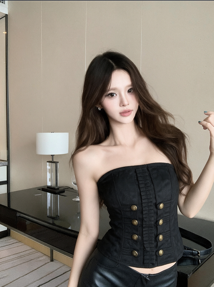 復古風設計感精致雙排扣抹胸上衣