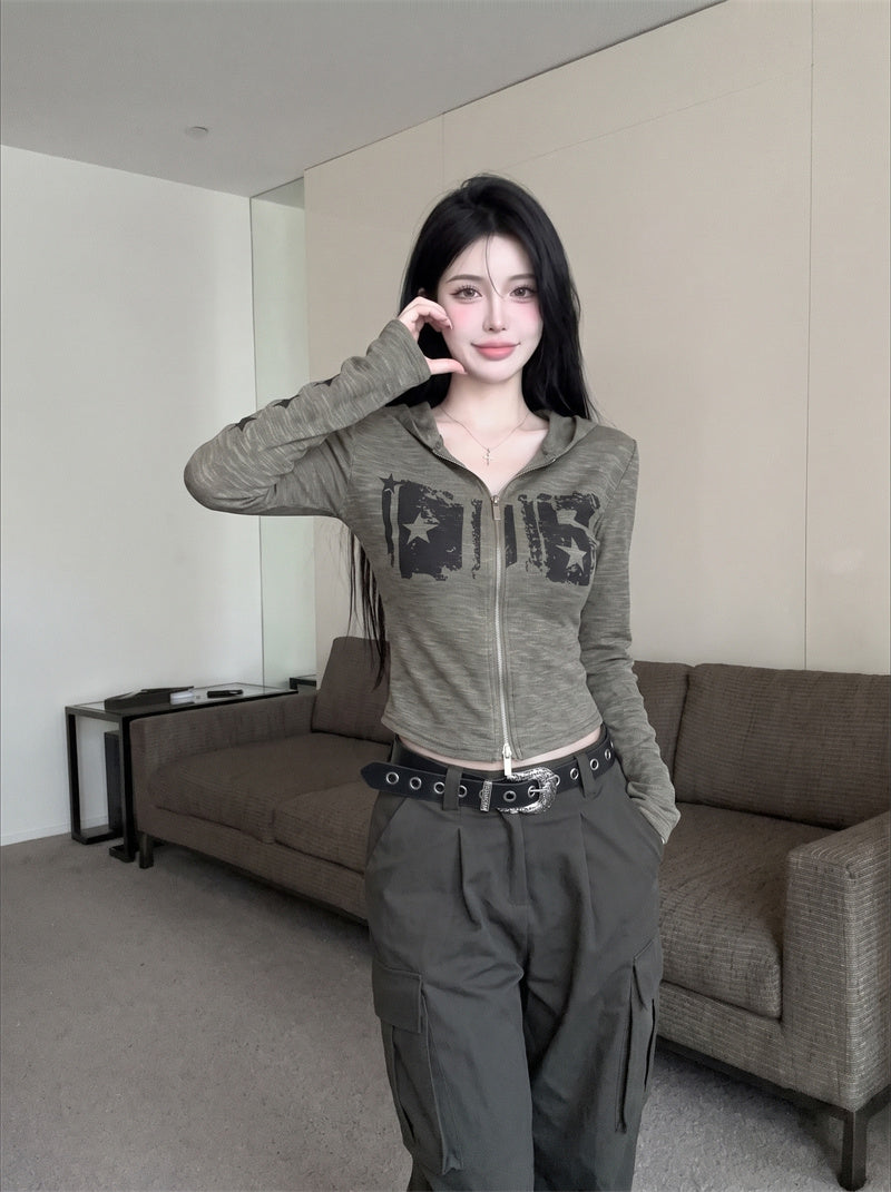 美式復古字母印花連帽外套