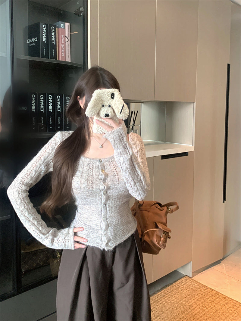 溫柔風圓領麻花拼接休閒上衣