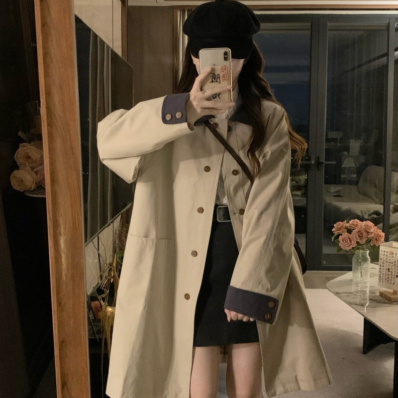 🐾拼接撞色卡其風衣外套💕春秋必備中長版外套