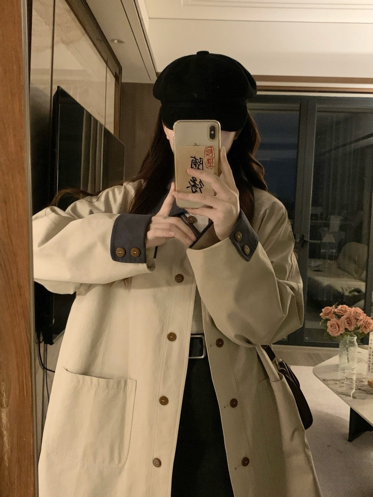 🐾拼接撞色卡其風衣外套💕春秋必備中長版外套