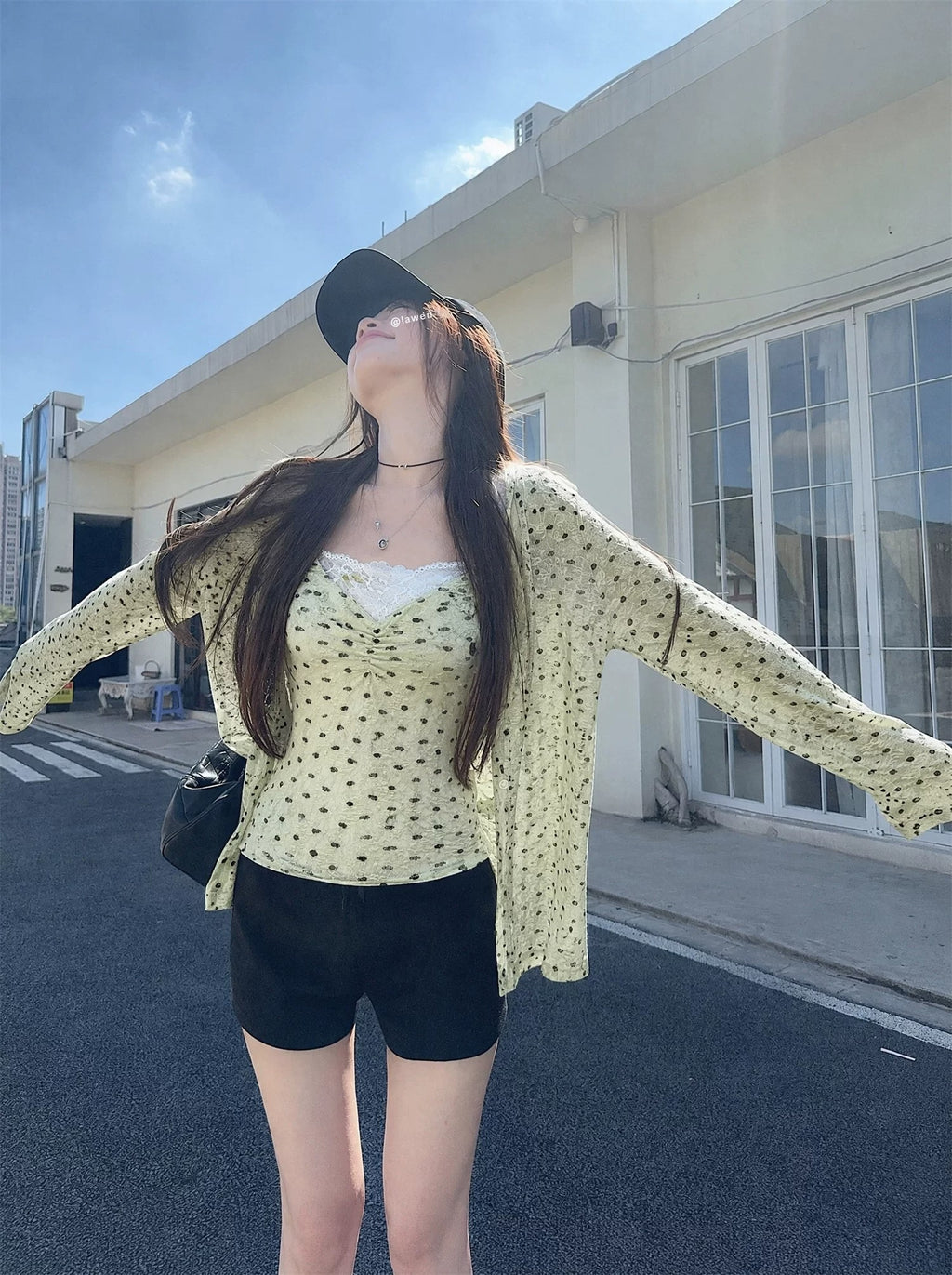 韓系甜美v領蕾絲吊帶修身點點兩件套上衣