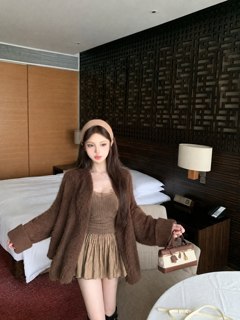 慵懶寬松百搭毛衣外套吊帶半裙針織兩件套