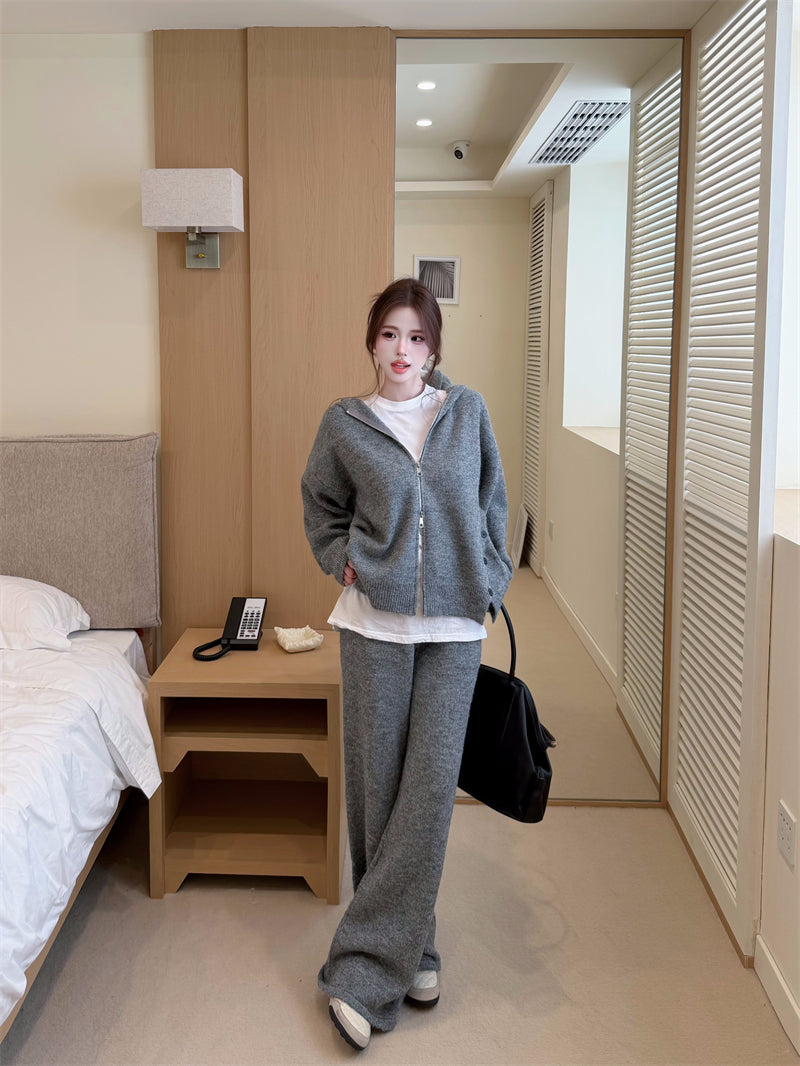 雙拉鏈連帽針織開衫直筒褲套裝兩件套